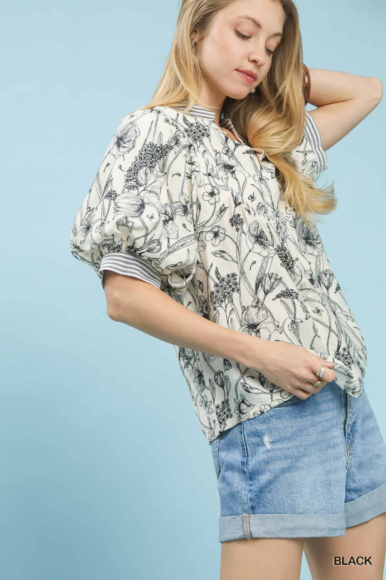 Mixed Print Puff Sleeve Split Neck Top, image 2