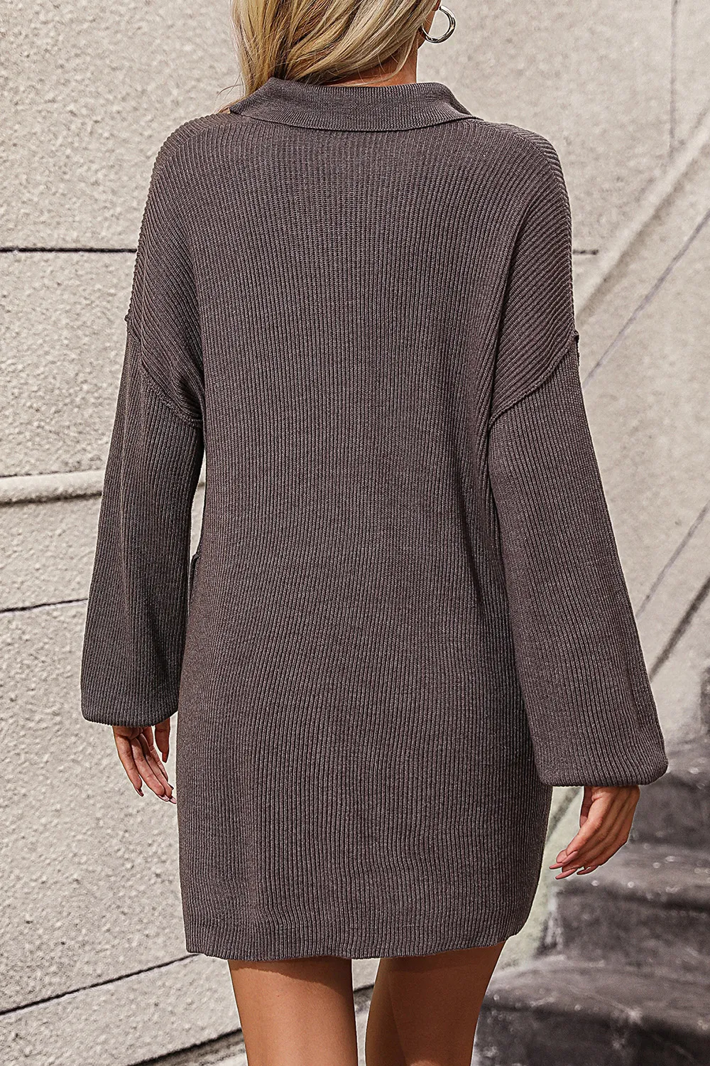 Collared Neck Long Sleeve Sweater Dress with Pockets, image 3