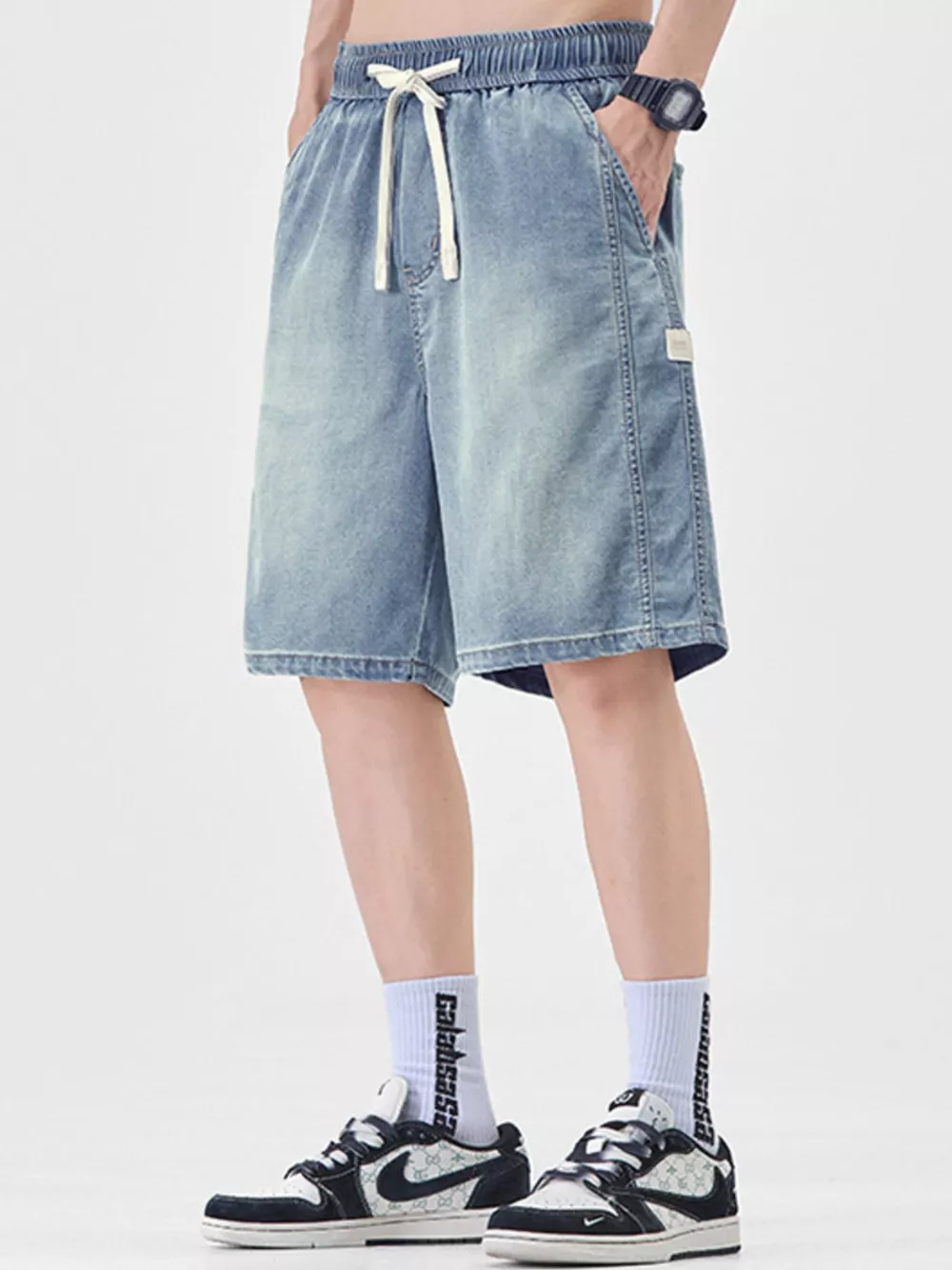 Men's Plus Size Casual Loose Fit Denim Shorts with Drawstring, image 3