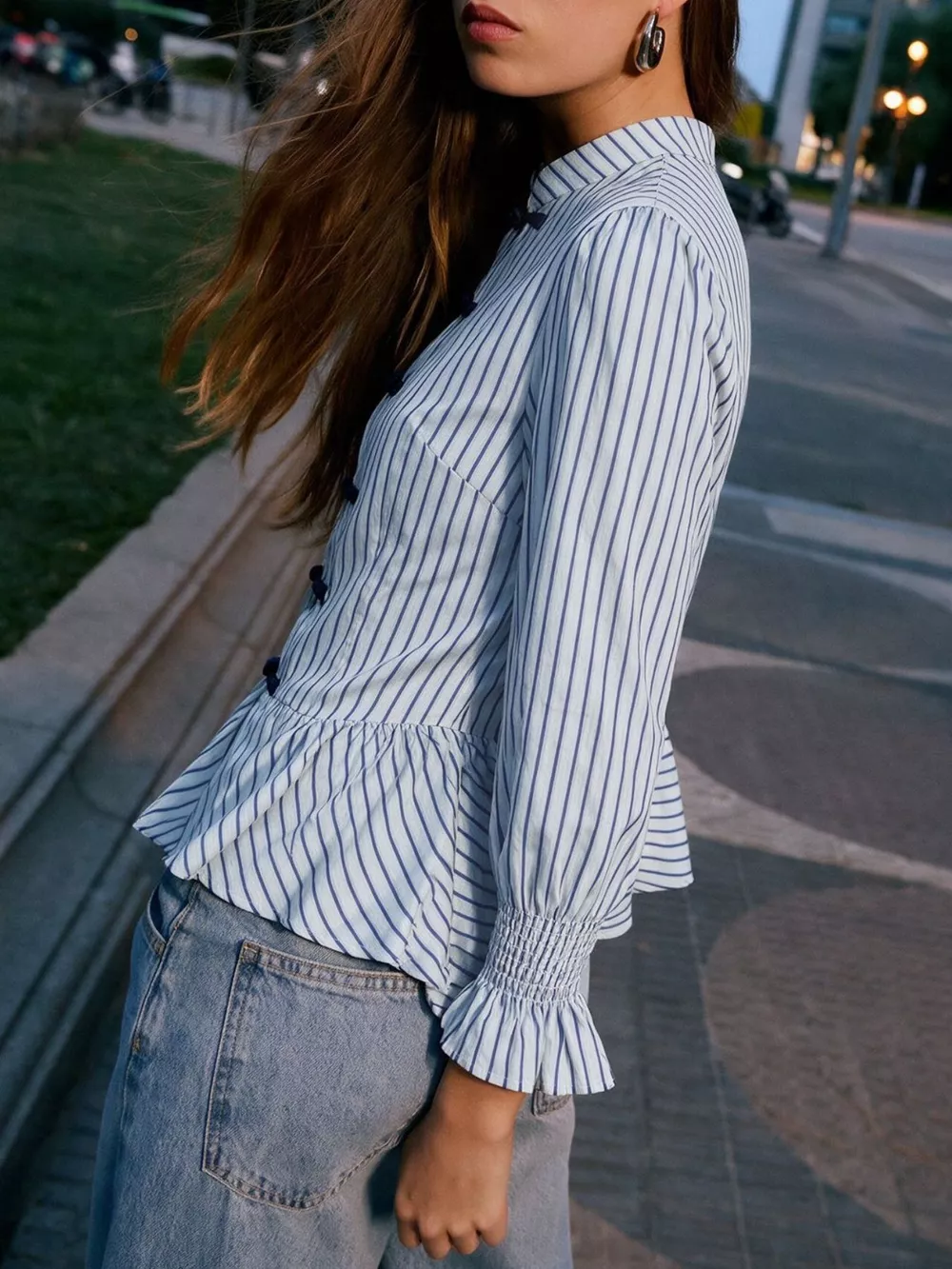 Striped Mandarin Knot Buttons Peplum Hem Shirt, image 2