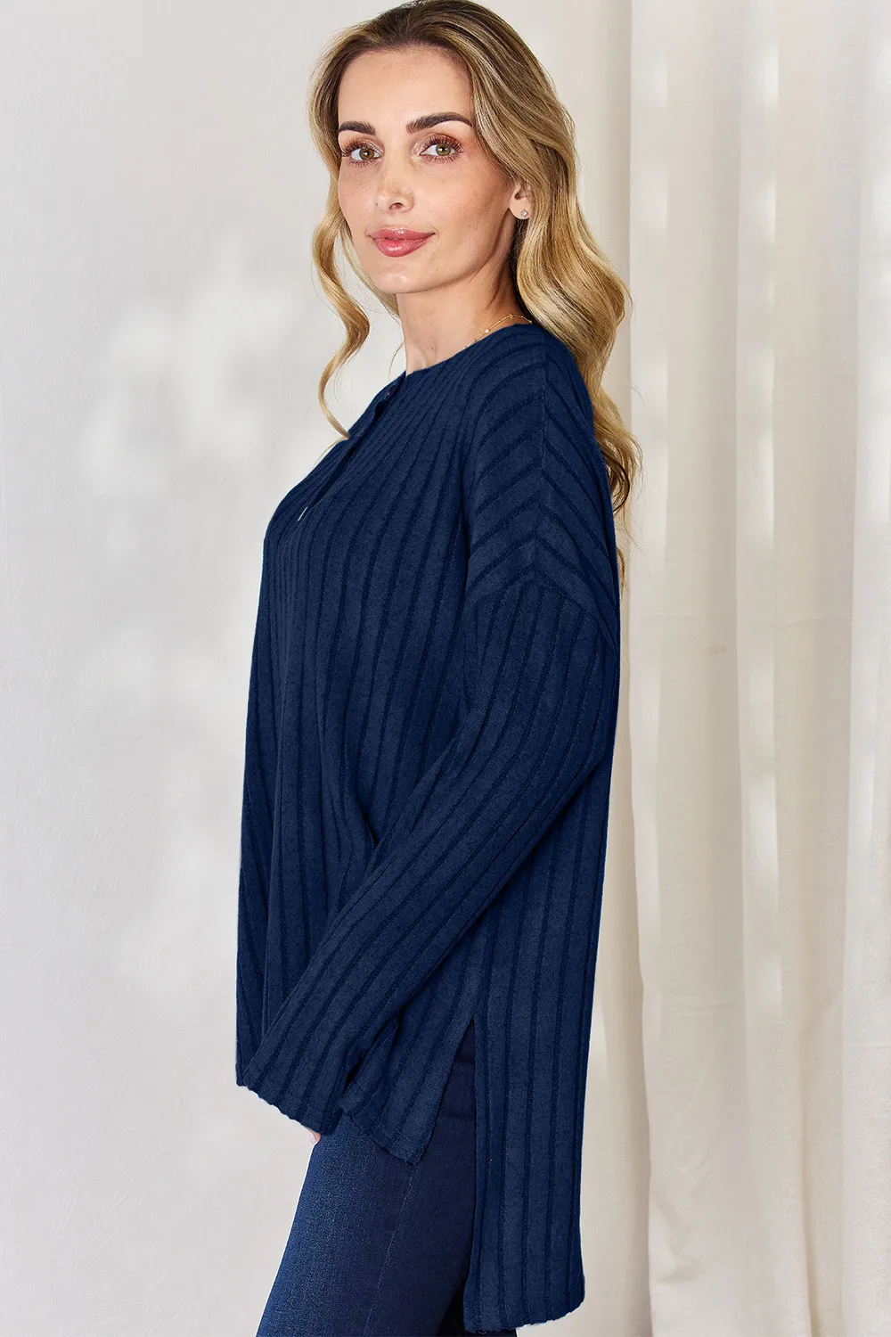 Full Size Ribbed Half Button Long Sleeve High-Low T-Shirt, image 13