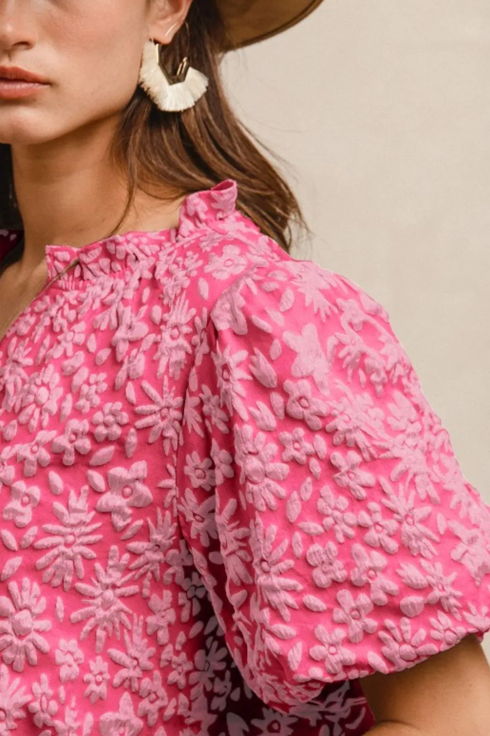 Floral Pattern Texture Short Balloon Sleeves Ruffled Blouse, image 3