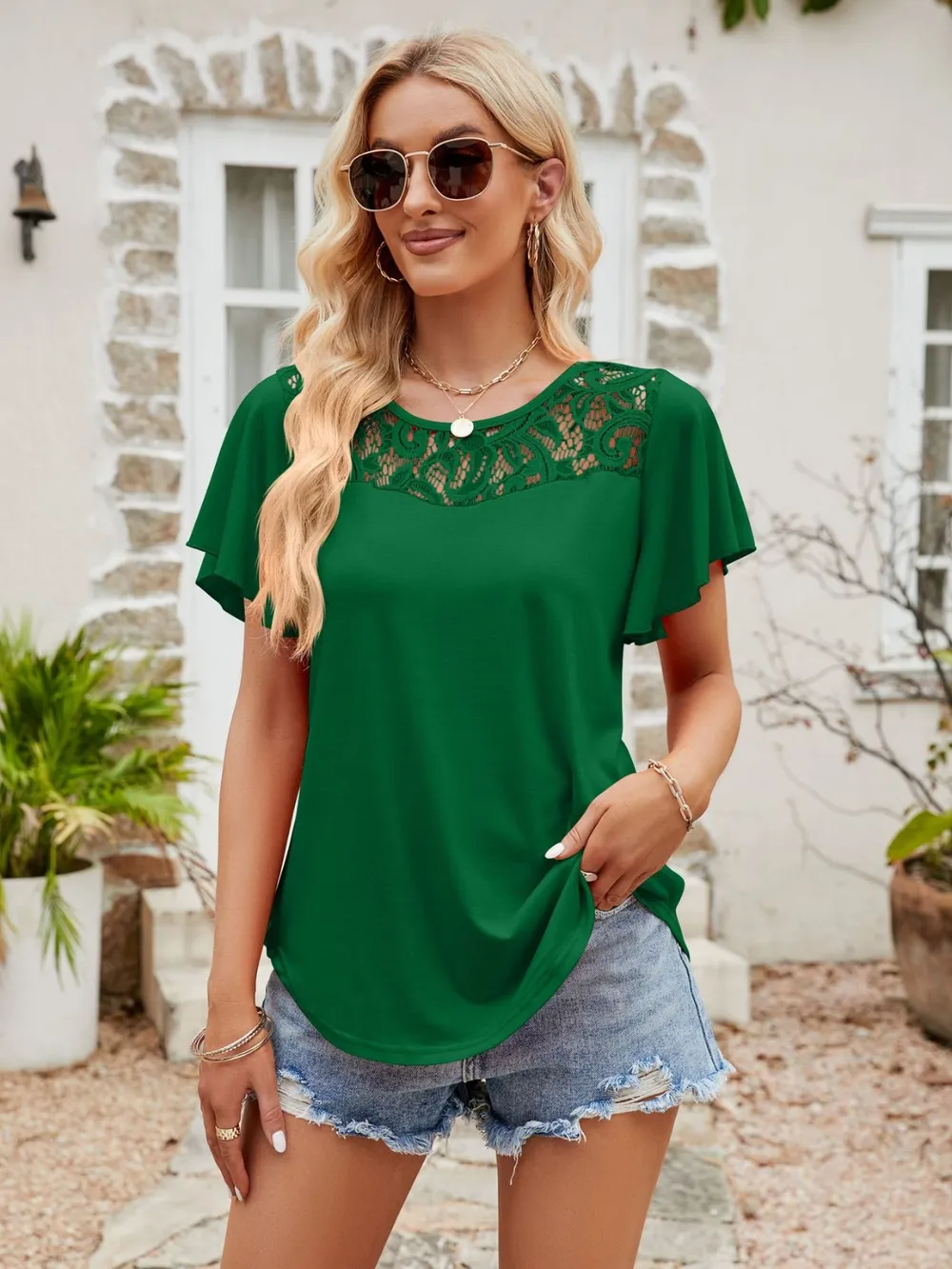 Lace Detail Round Neck Short Sleeve T-Shirt, image 13