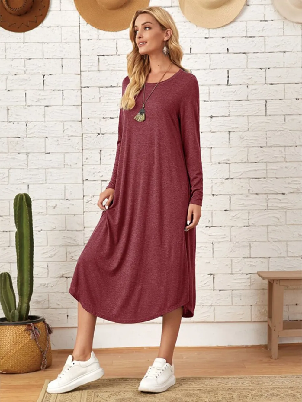 Pocketed Round Neck Long Sleeve Tee Dress, image 8
