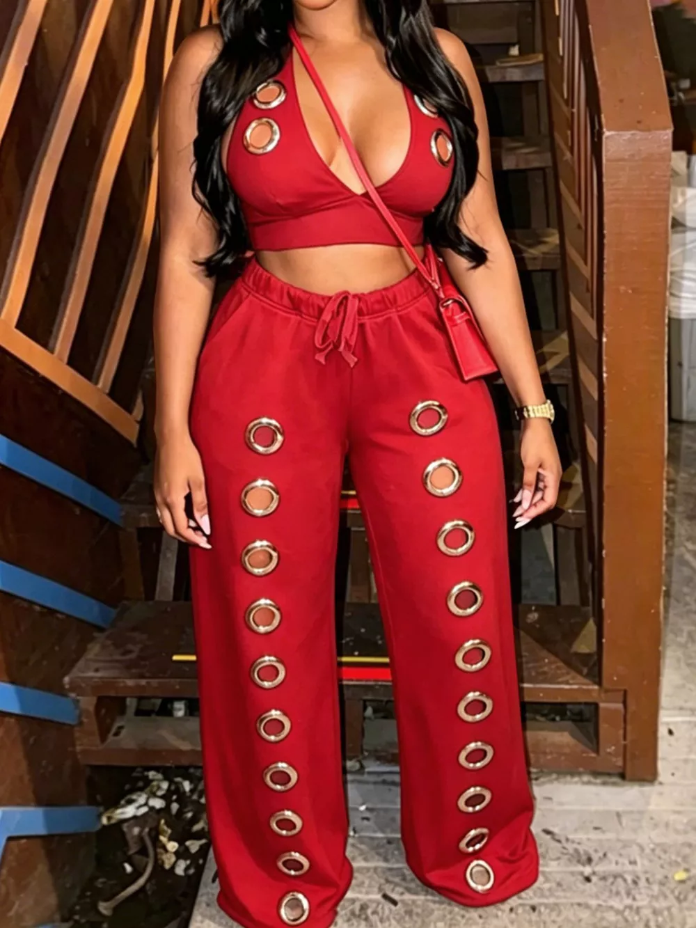 Eyelet Crop Top and Wide-Leg Pants Set, image 6