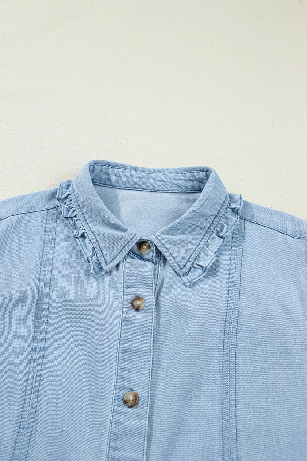 Ruffled Edge Collared Shift Denim Dress with Pockets, image 9
