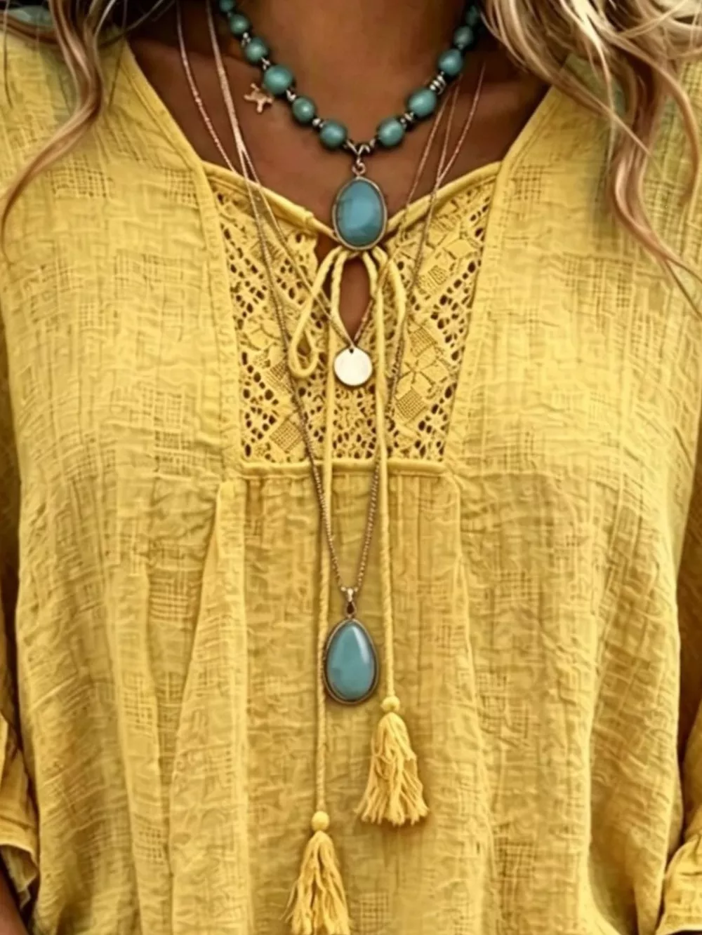 Full Size Tassel Tie Neck Ruffled Hem Blouse Plus Size, image 10