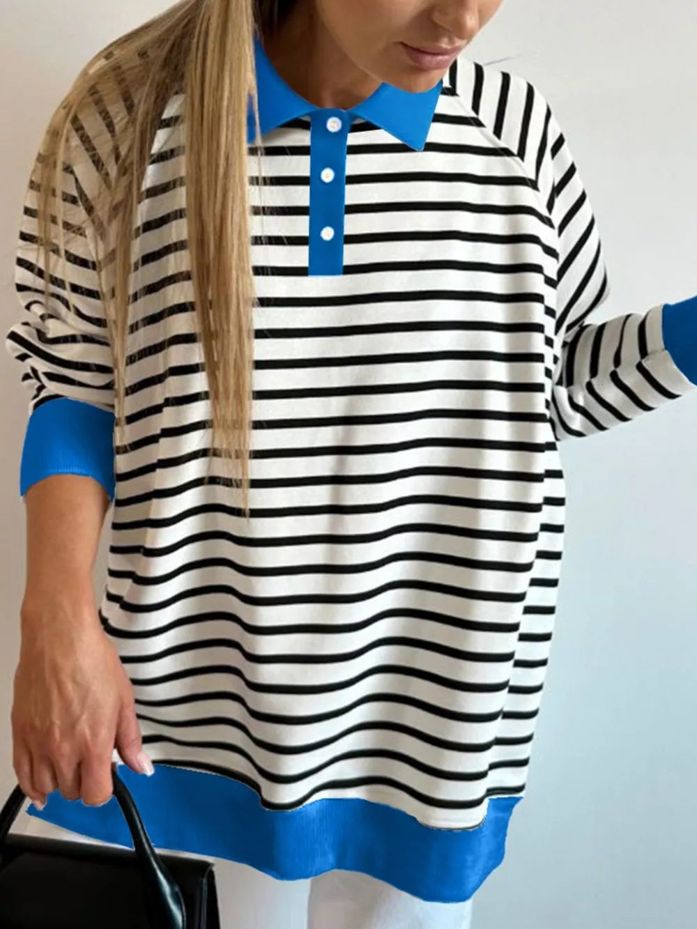 Striped Polo Collar Long Sleeve Sweatshirt, image 2