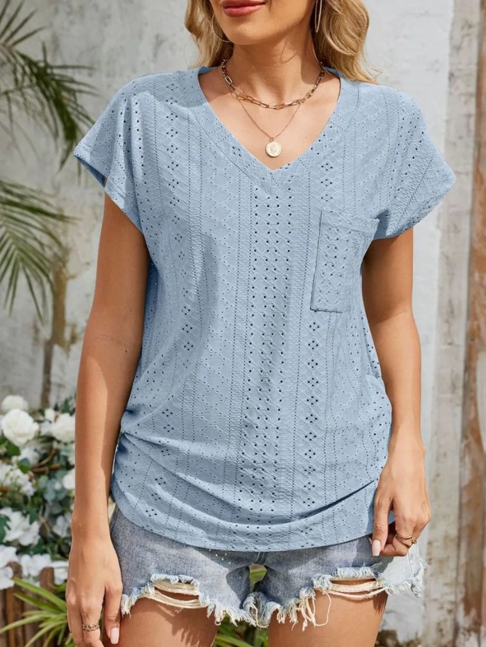 Eyelet V-Neck Short Sleeve Top, image 18