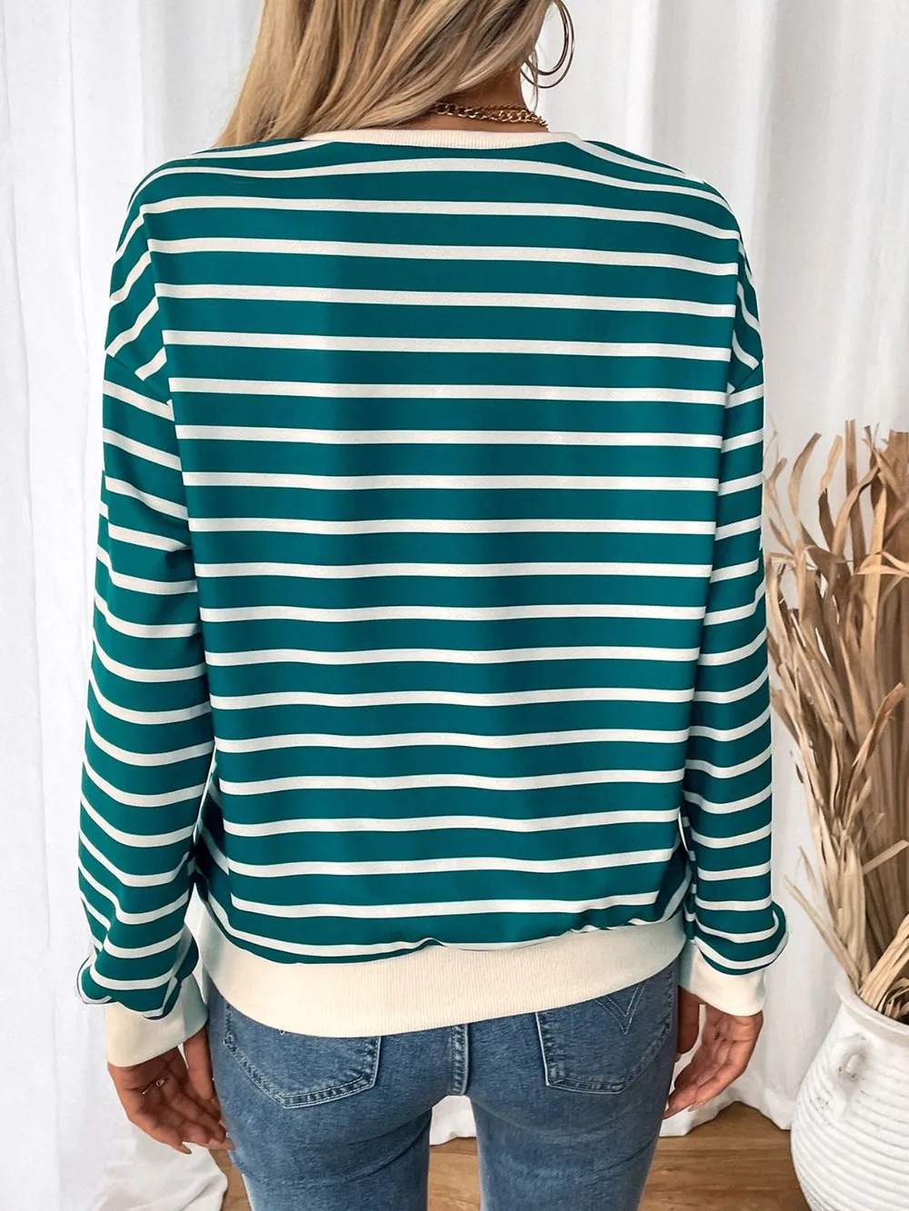 Striped Contrast Round Neck Long Sleeve Sweatshirt, image 5