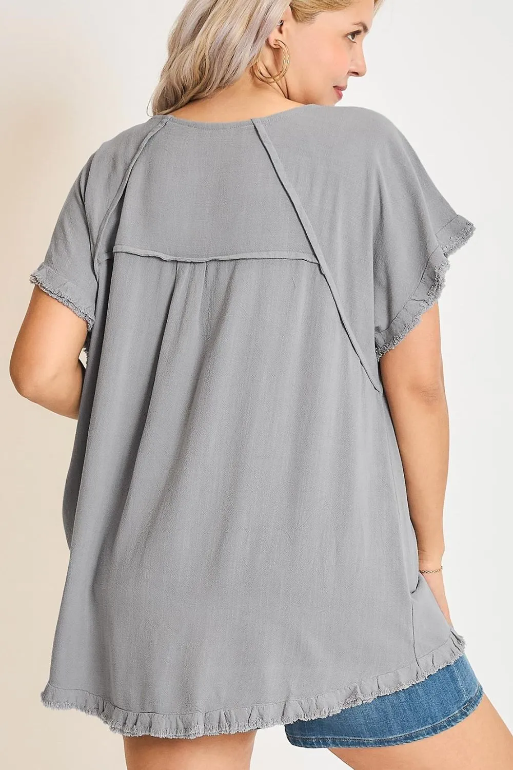 Full Size Seam Detail Linen Ruffle Fringe Edge Top Plus Size, image 2