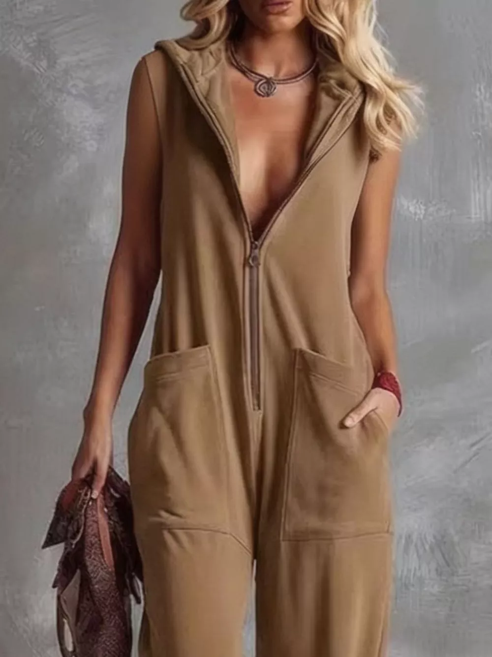 Sleeveless Hooded Zip-Front Casual Jumpsuit, image 8