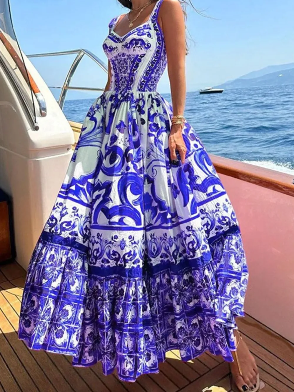 Smocked Printed Wide Strap Dress, image 8