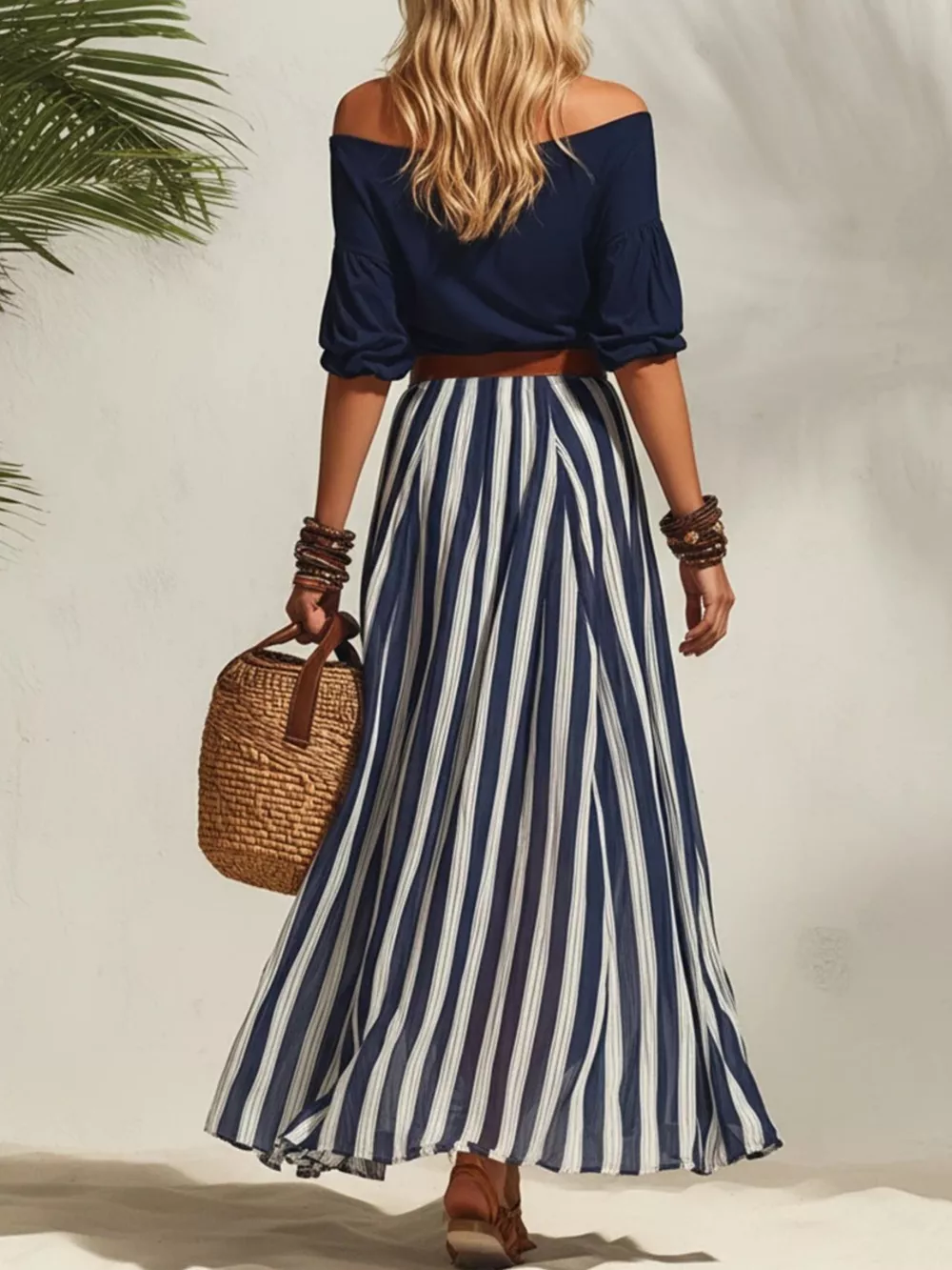 Off Shoulder Top and Striped Maxi Skirt Set, image 4