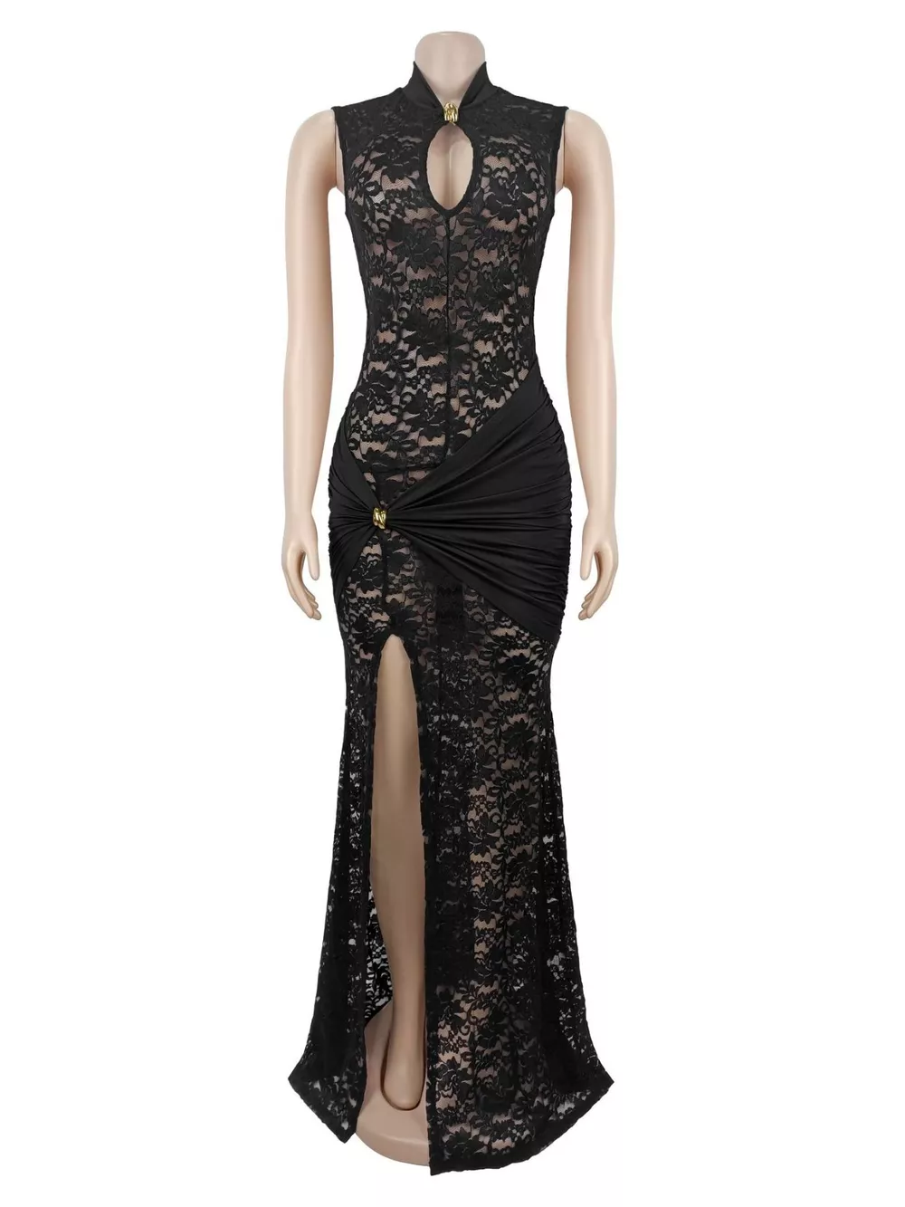 Lace Keyhole High-Slit Maxi Dress, image 3
