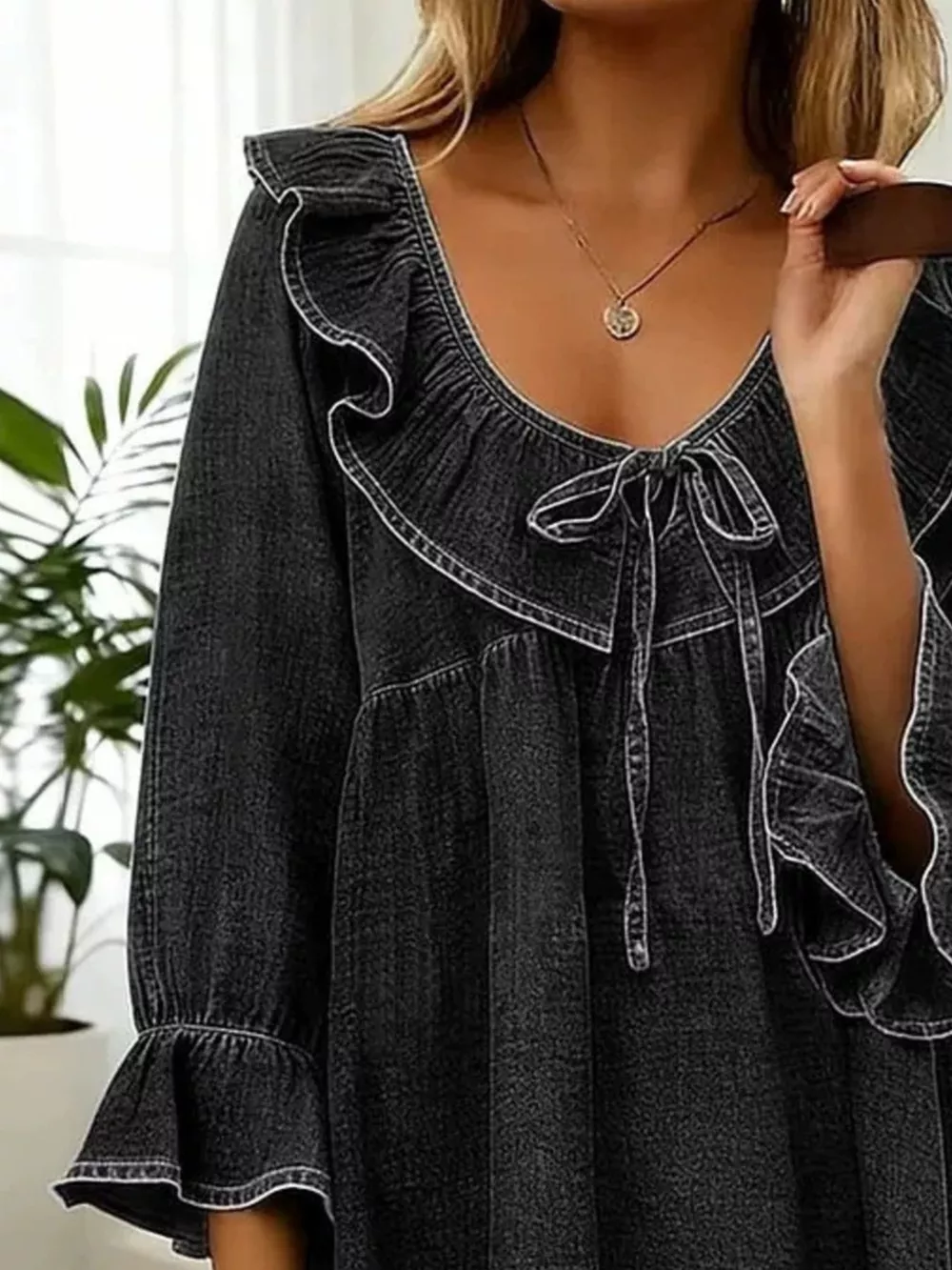 Full Size Ruffled V-Neck Denim Top with Tie-Front Detail Plus Size, image 5