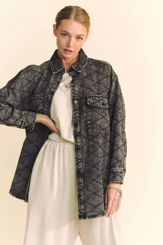 Curved Hem Diamond Quilted Button Up Denim Shacket, image 3