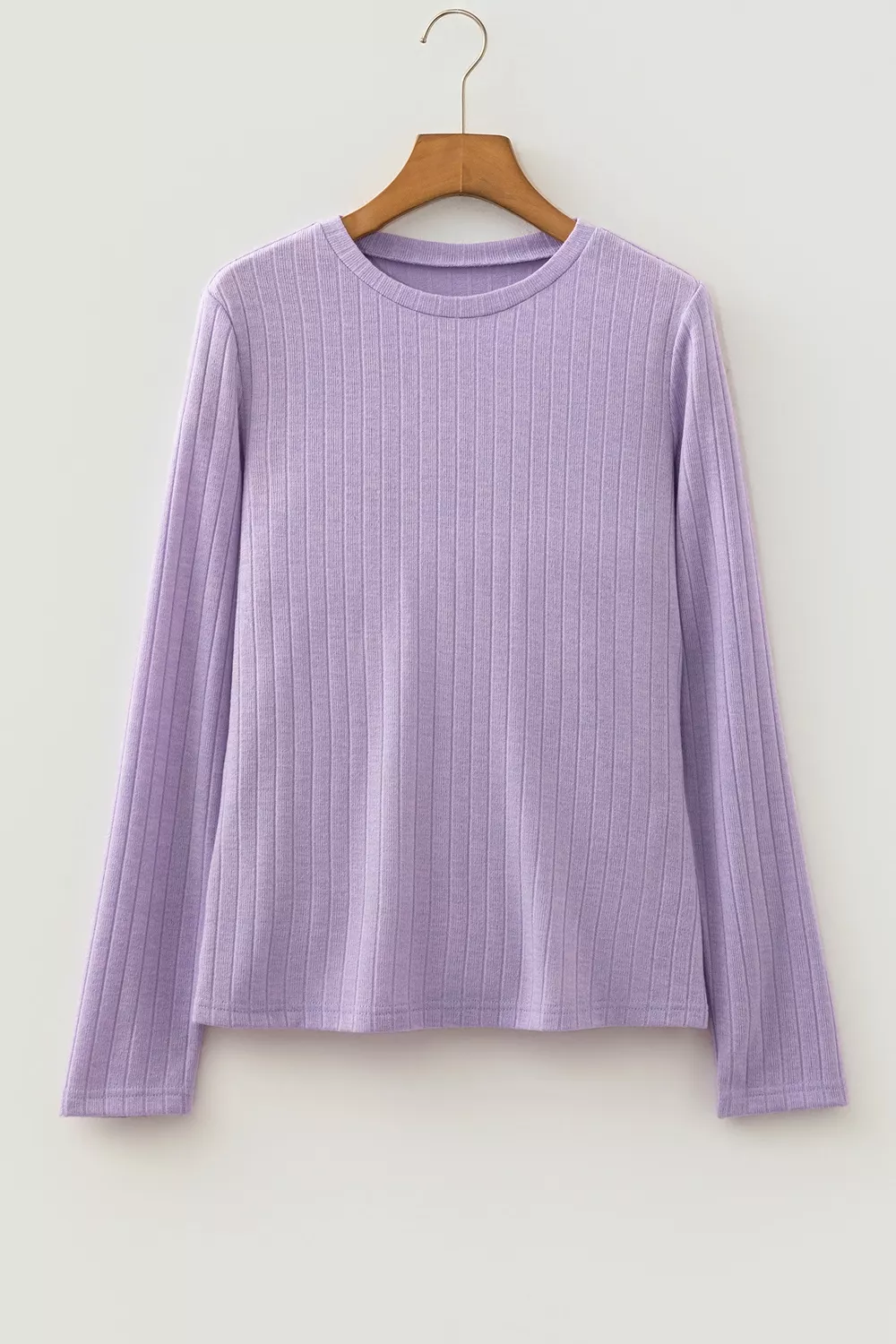 Solid Color Ribbed Texture Long Sleeve Round Neck Casual Top, image 6