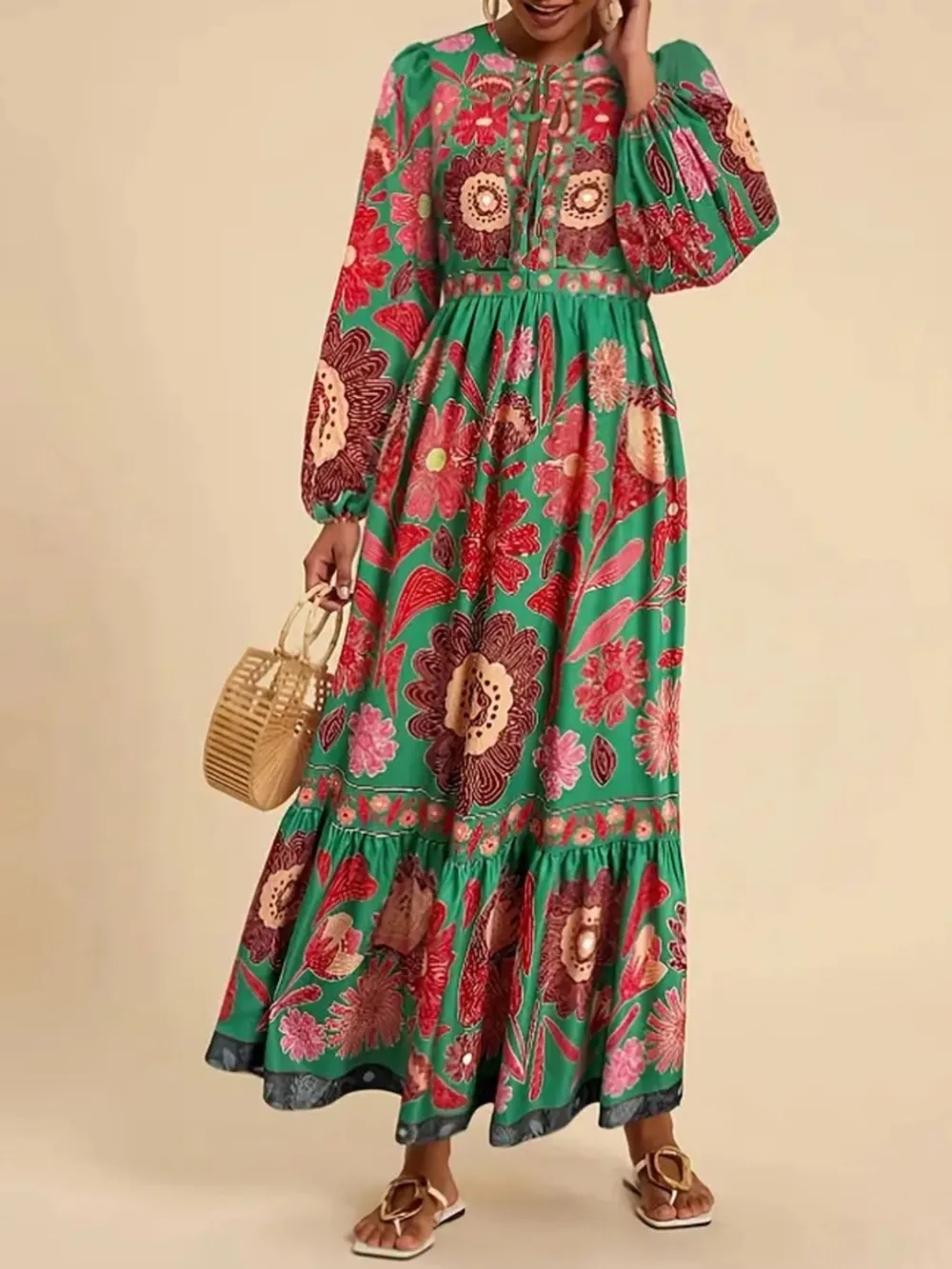Floral Tie Waist Long Sleeve Dress, image 8