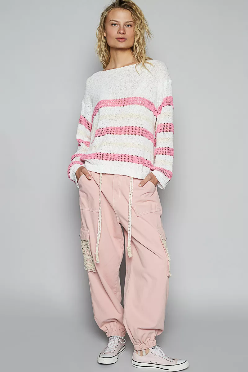 Striped Openwork Round Neck Knit Top, image 3