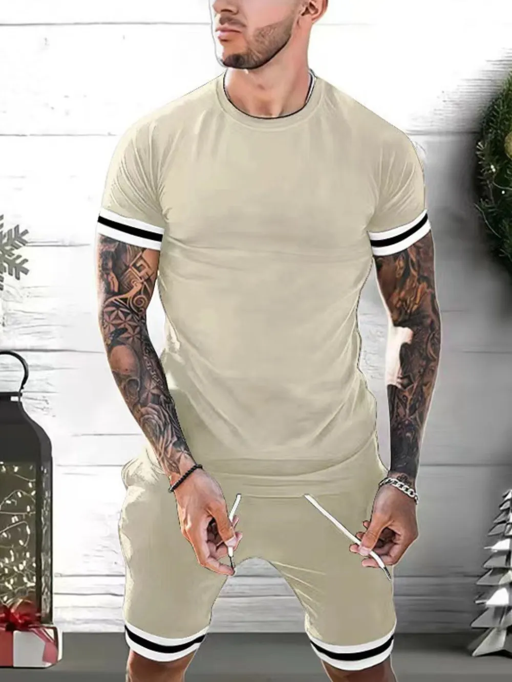 Men's Plus Size Round Neck Short Sleeve Top and Shorts Set, image 7