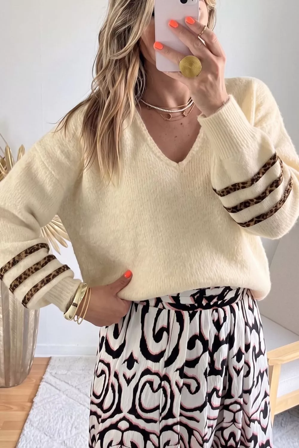 Leopard Striped V-Neck Sweater