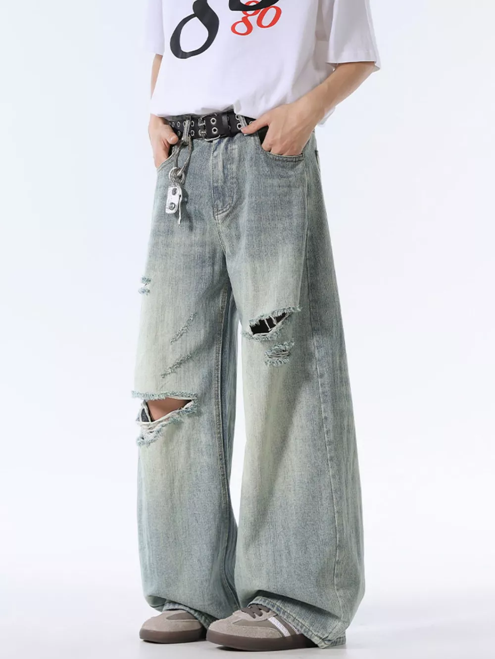 Men's Wash Distressed Wide Leg Jeans, image 3