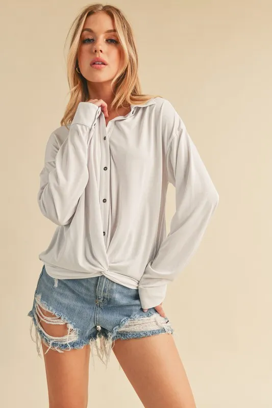Twisted Hemline Button Detail Collared Neck Top