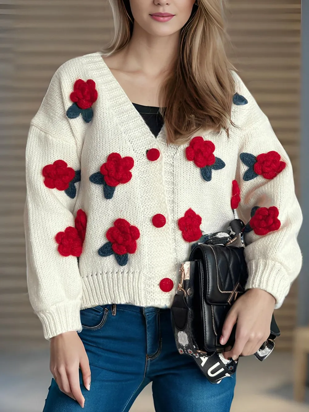 Flower Button Down V-Neck Long Sleeve Cardigan, image 6