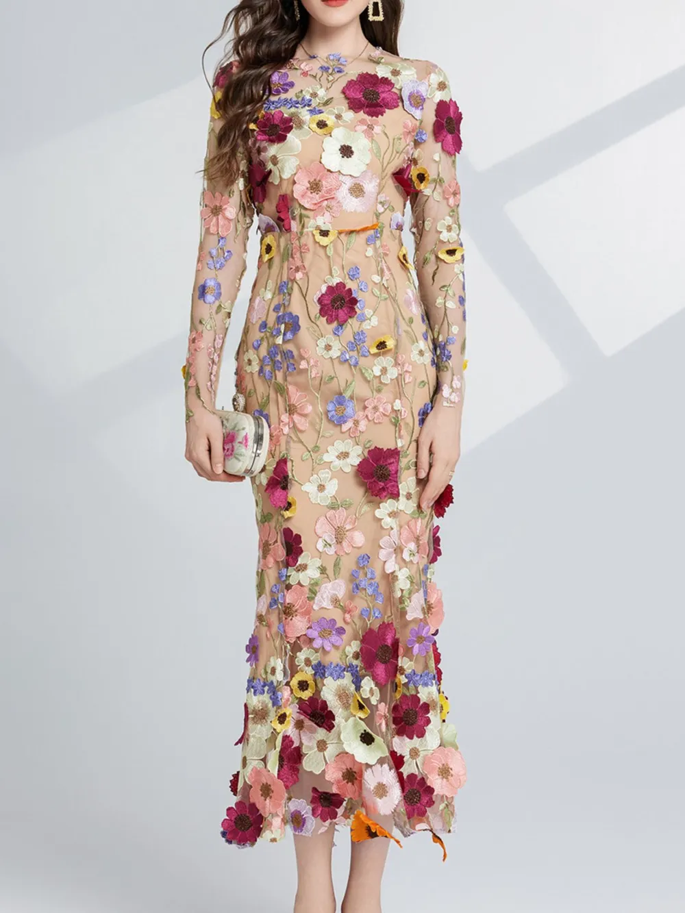 Floral Embroidered Mesh Long Sleeve Midi Dress, image 10