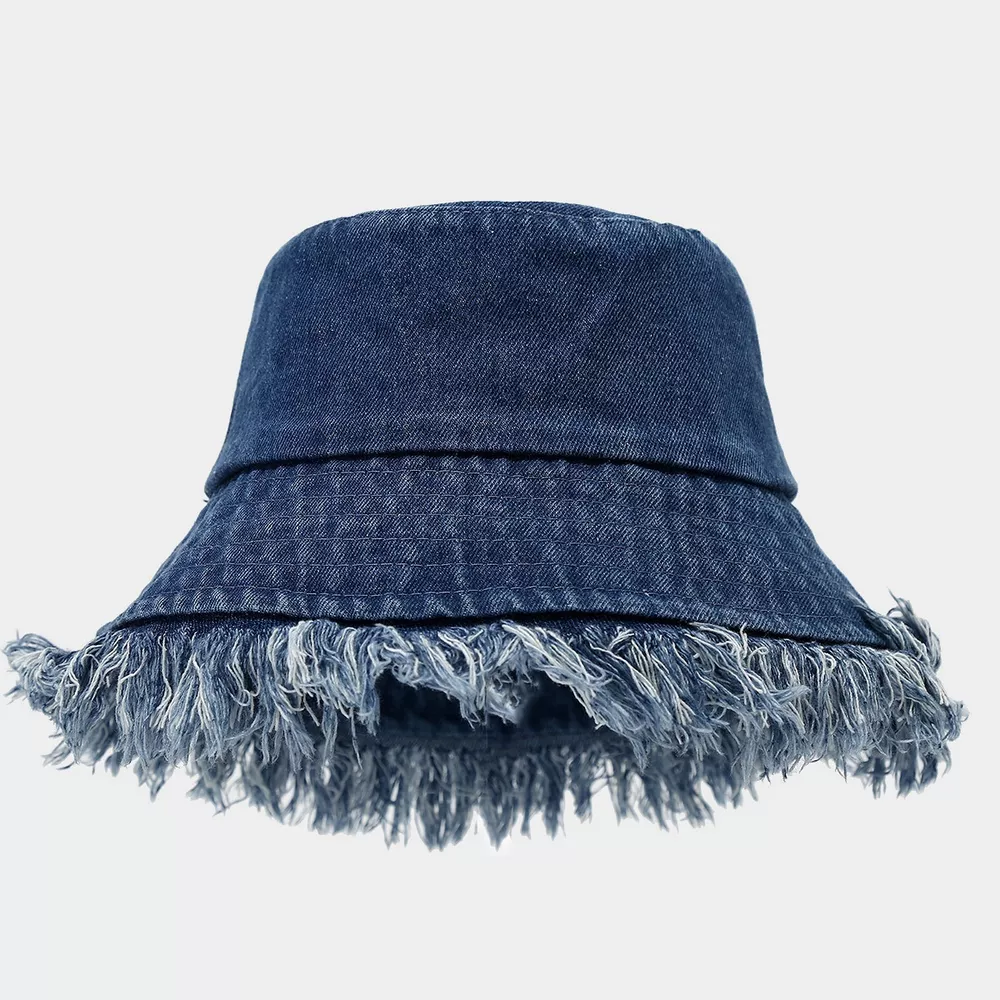 Vintage Washed Denim Bucket Hat with Frayed Raw Edge