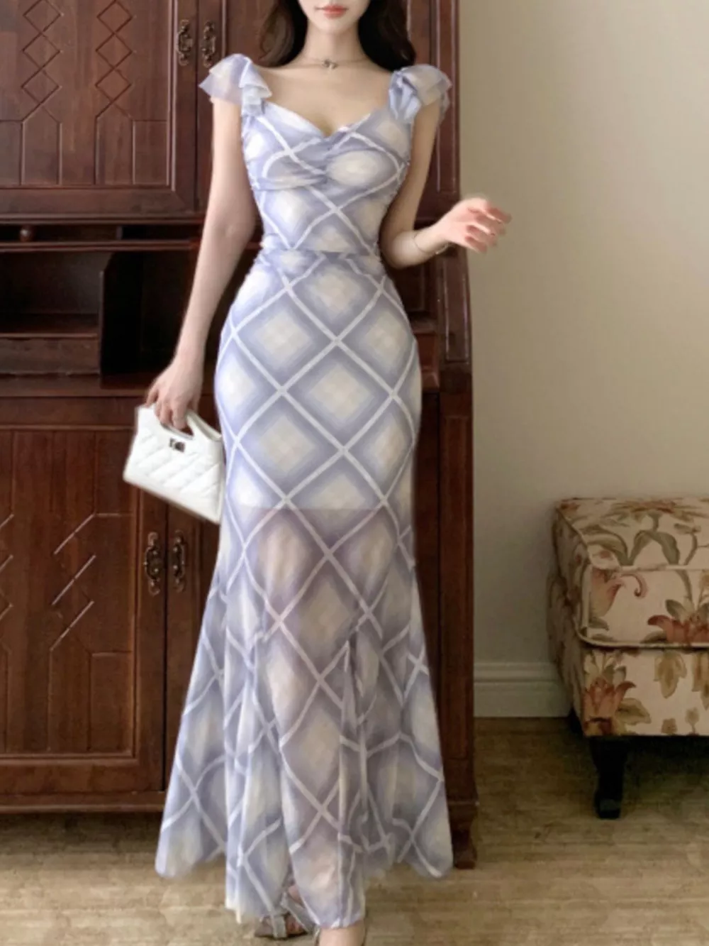 Plaid Ruffle Cap Sleeve Bodycon Maxi Dress, image 18