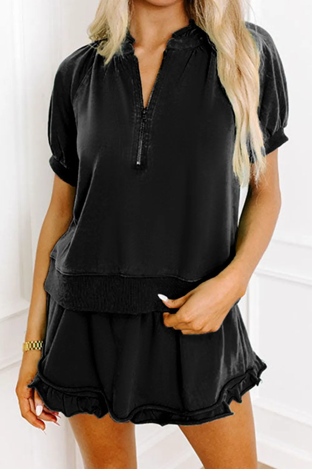Frill Zip Front Puff Sleeve Top and Skort Set, image 7