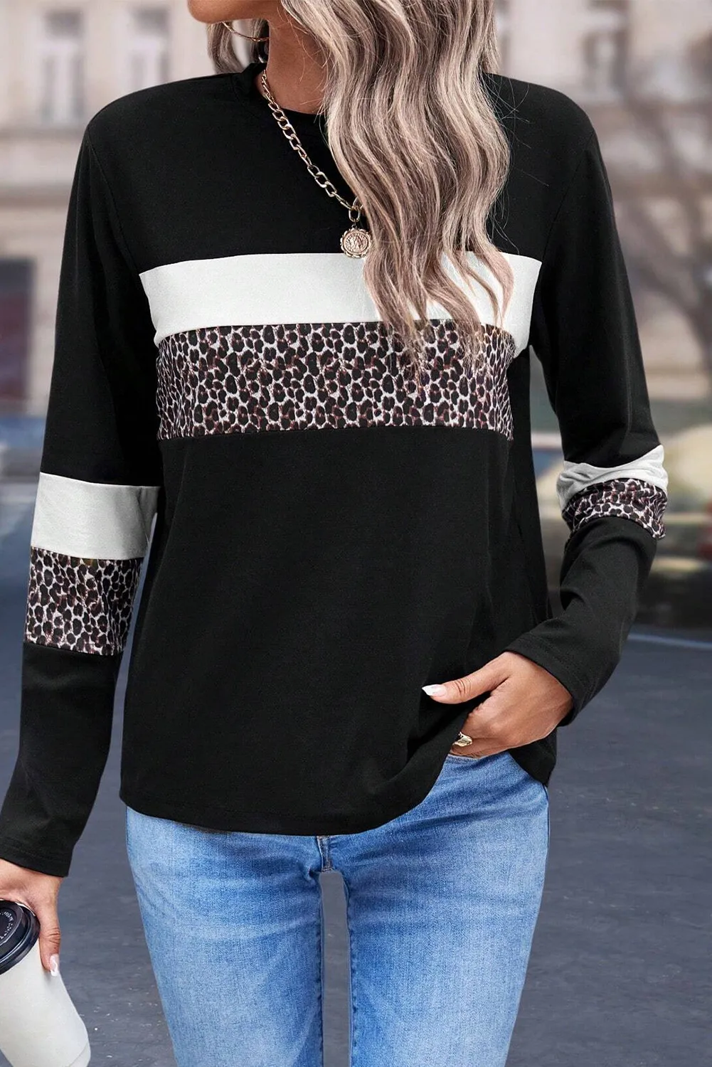Leopard Round Neck Long Sleeve Blouse, image 5
