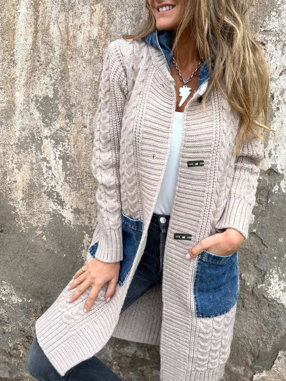 Full Size Hooded Cable Knit Longline Cardigan Plus Size, image 2