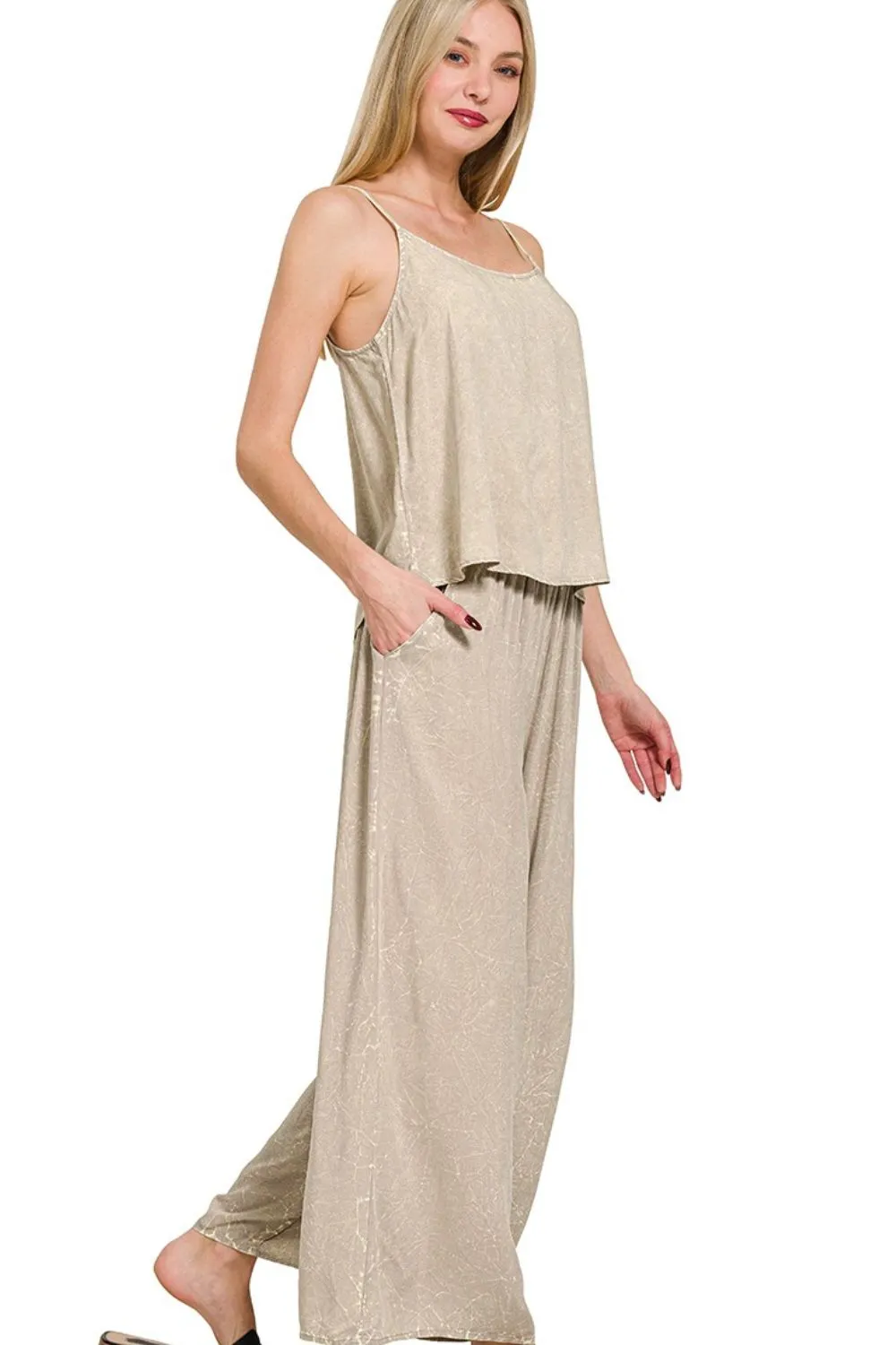 Woven Acid Crinkle Washed Cami & Pants 2 Piece Set, image 2