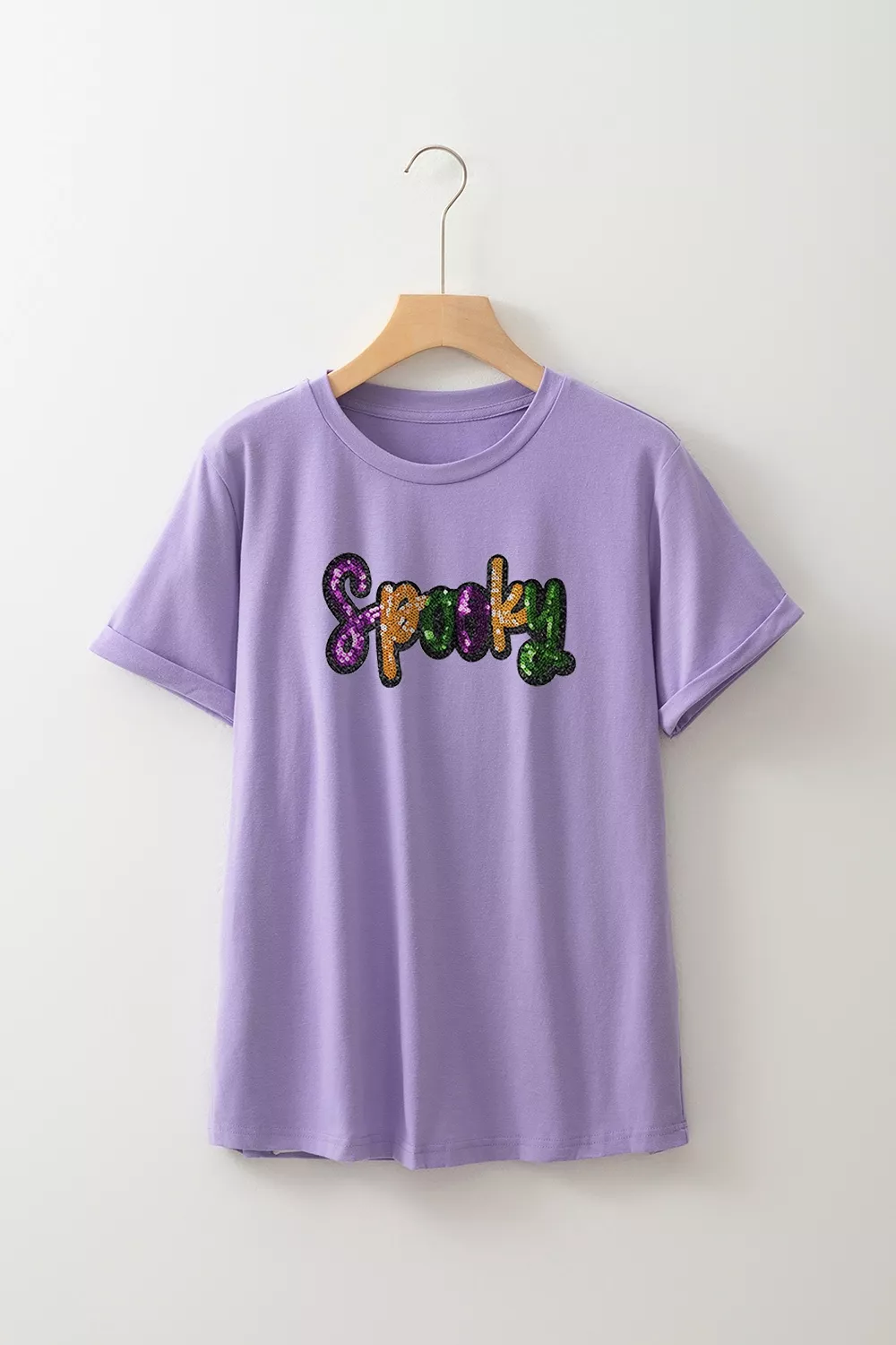 Full Size Spooky Sequin Letter Patched Cotton Blend T Shirt Plus Size, image 7
