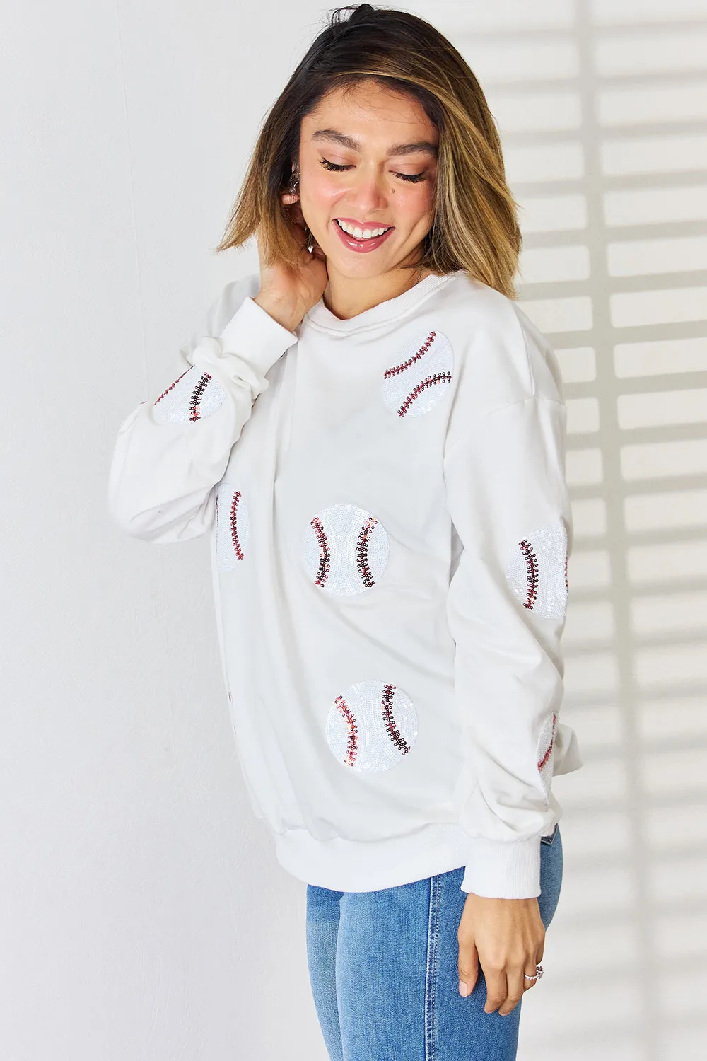 Sequin Baseball Round Neck Dropped Shoulder Sweatshirt, image 5