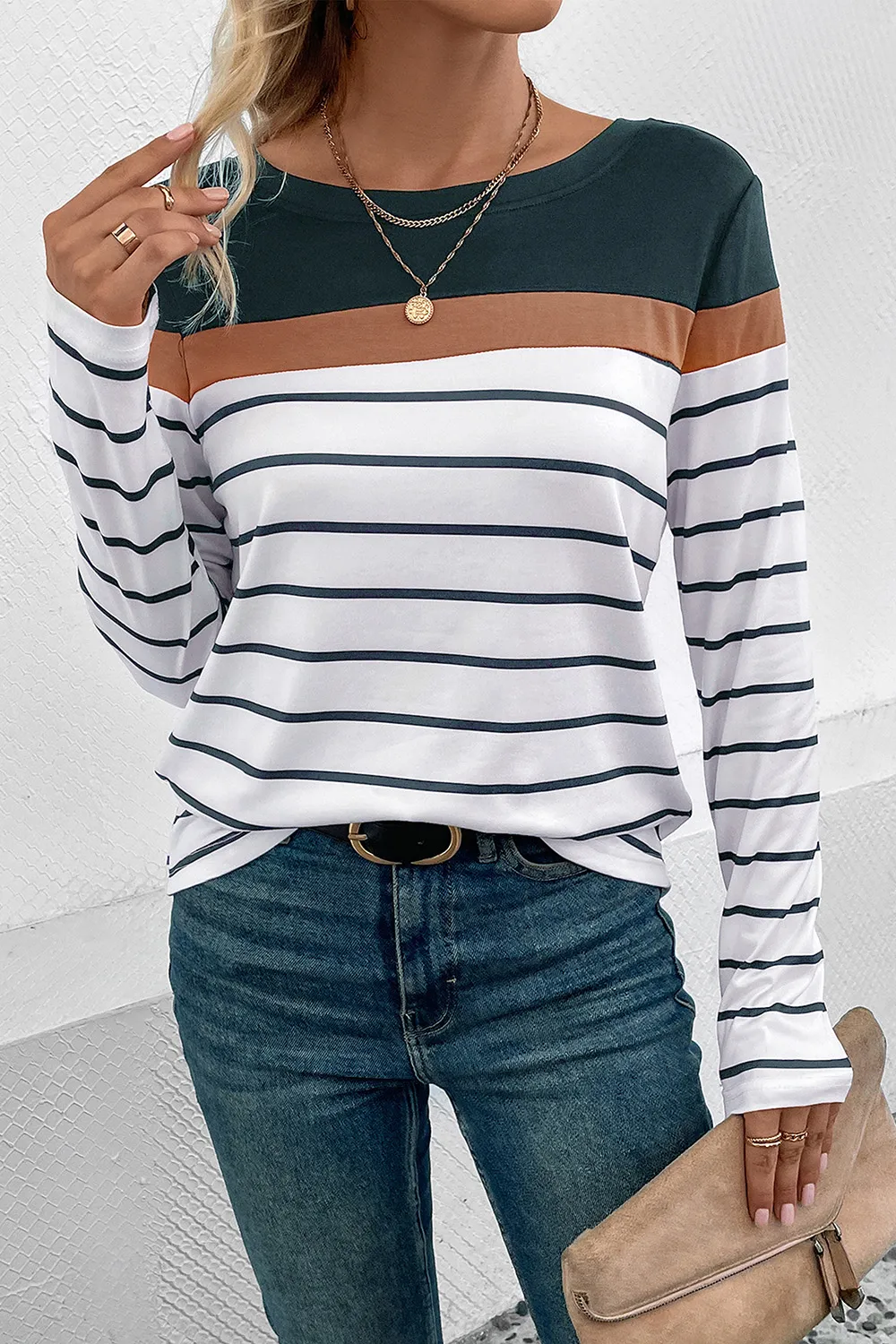 Striped Round Neck Long Sleeve T-Shirt, image 5