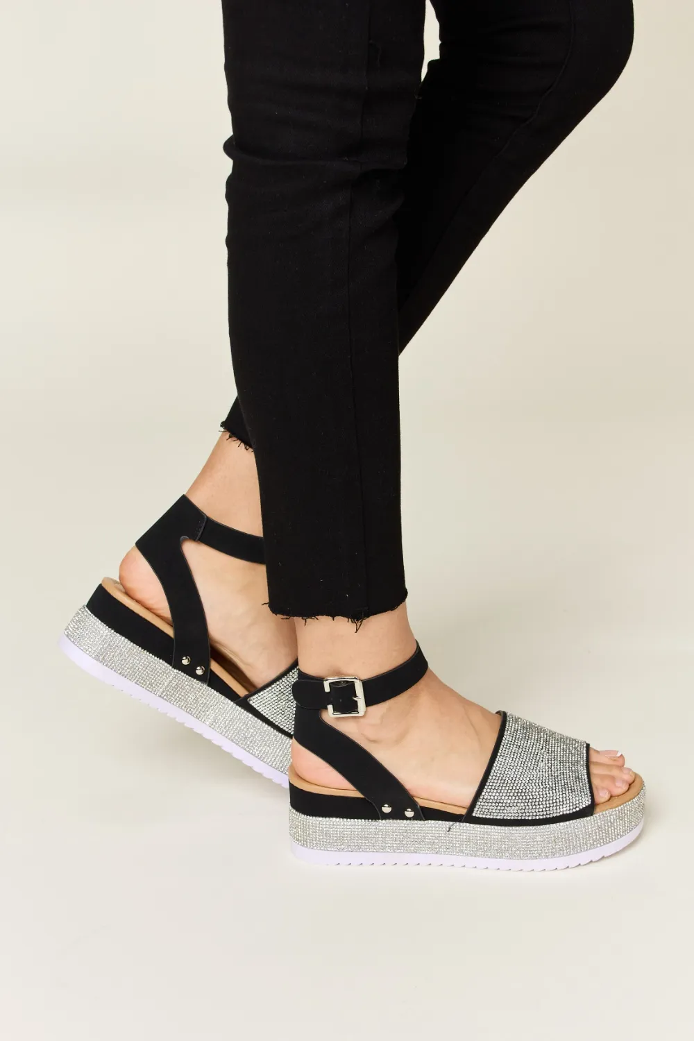 Rhinestone Buckle Strappy Wedge Sandals, image 2