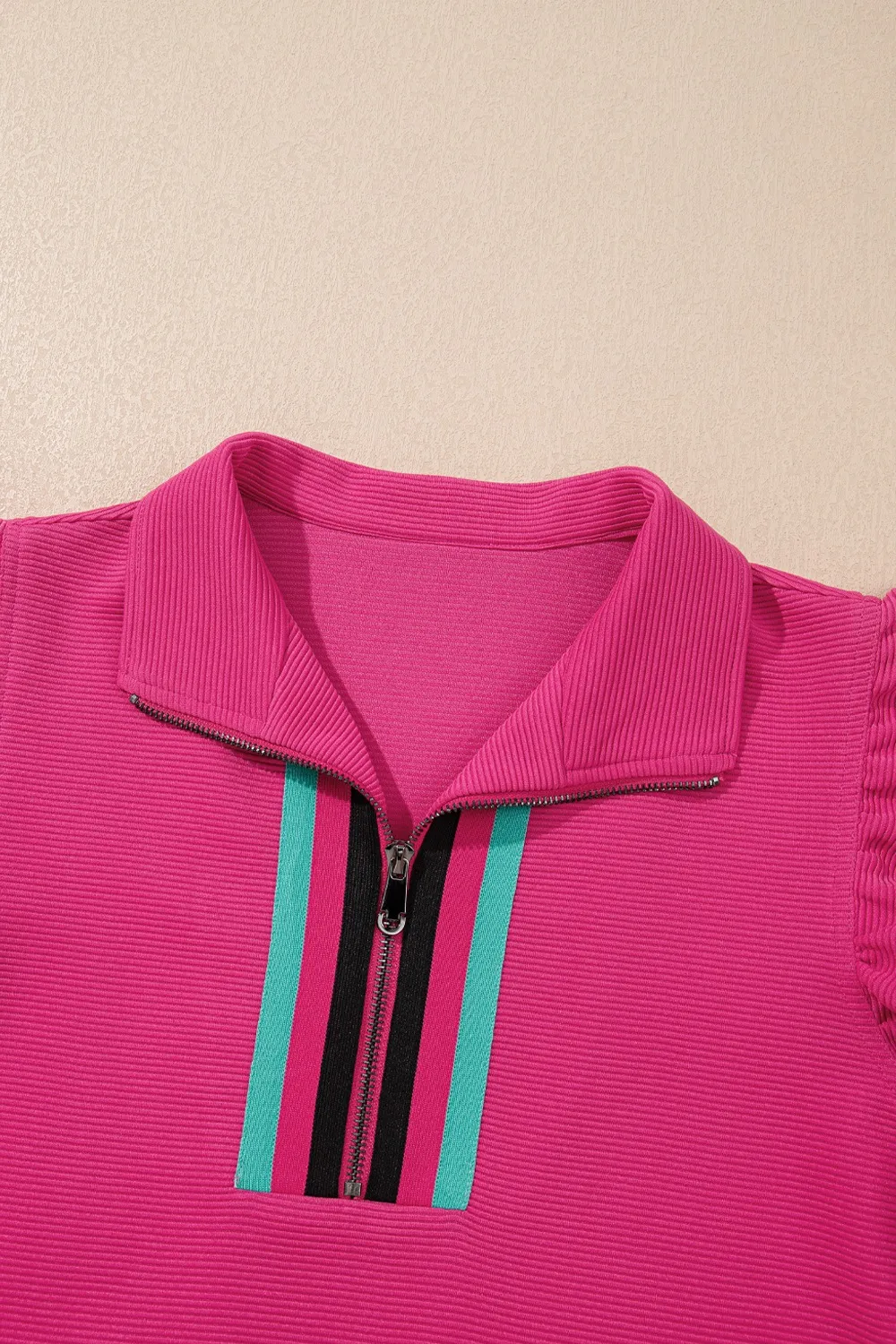 Striped Detail Flutter Sleeve Zipped Collar Top and Short Set, image 5