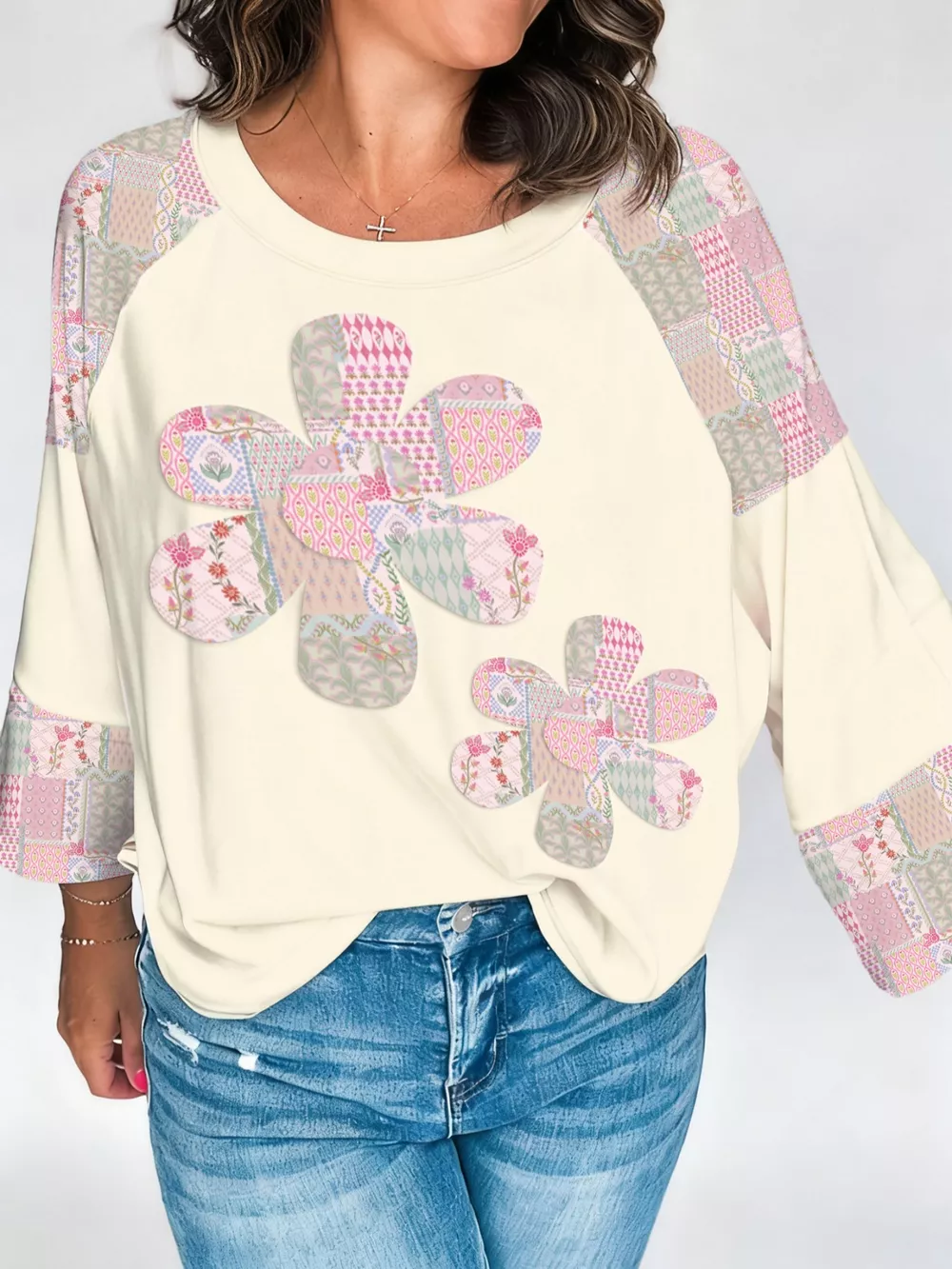 Color Block Retro Floral Patchwork Long Sleeve Top, image 2