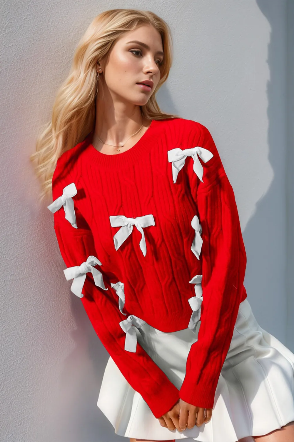 Full Size Bow Cable-Knit Round Neck Sweater, image 4