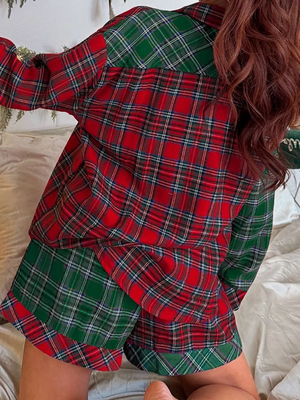 Plaid Contrast Patched Christmas Holiday Long Sleeve Shirt and Short 2pcs Pajama Set, image 11