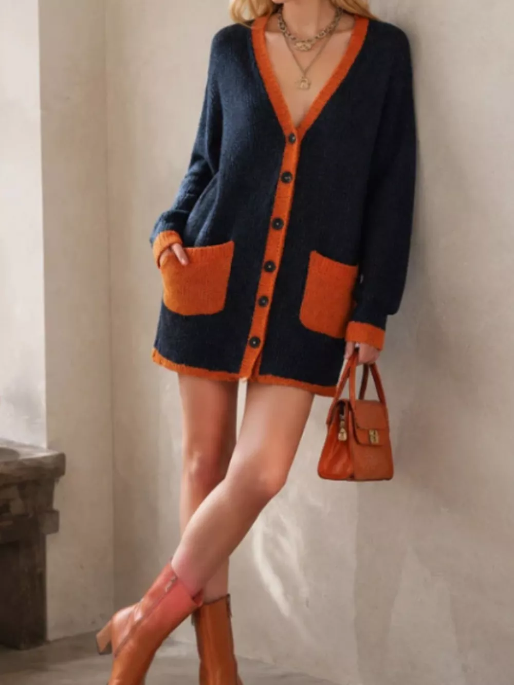 Color-Block V-Neck Button-Down Knit Cardigan, image 3