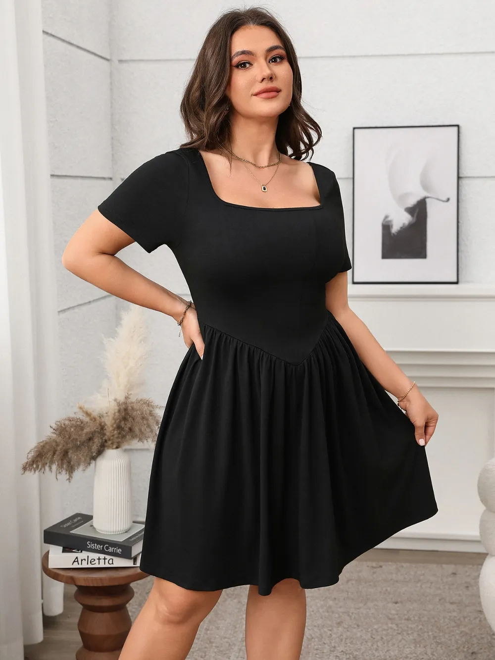 Plus Size Square Neck Short Sleeve Mini Dress, image 5
