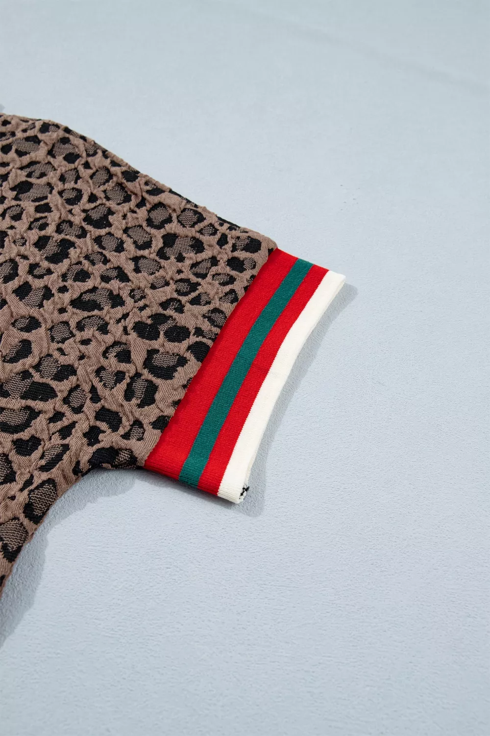Leopard Jacquard Striped Patchwork Half Zip Short Sleeve Blouse, image 10