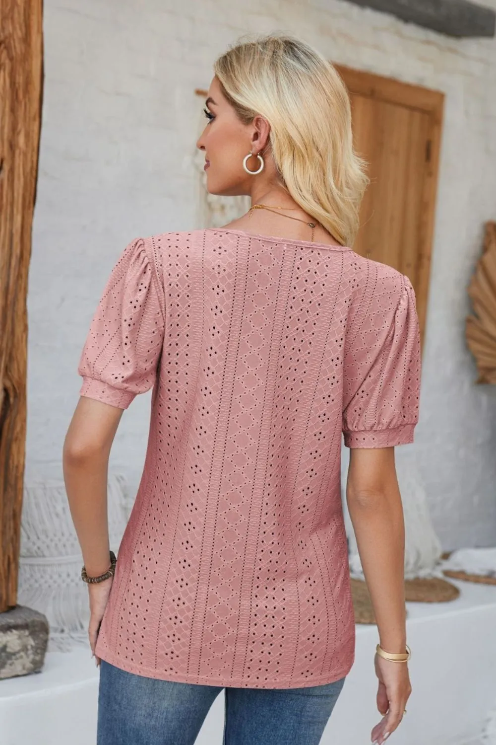 Eyelet Round Neck Short Sleeve Blouse, image 24