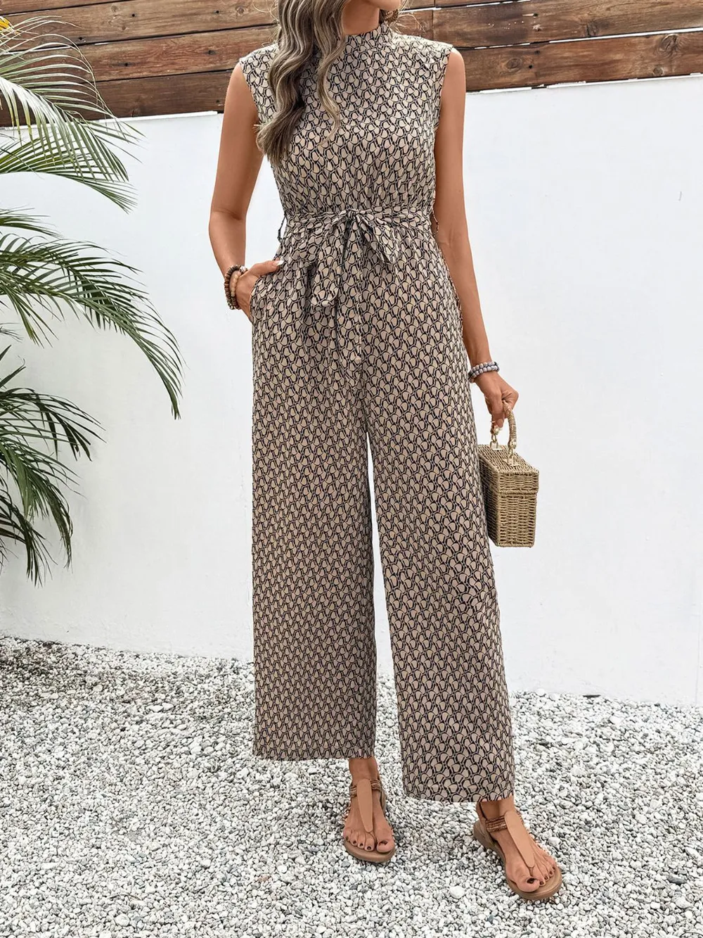 Printed Mock Neck Sleeveless Jumpsuit, image 2
