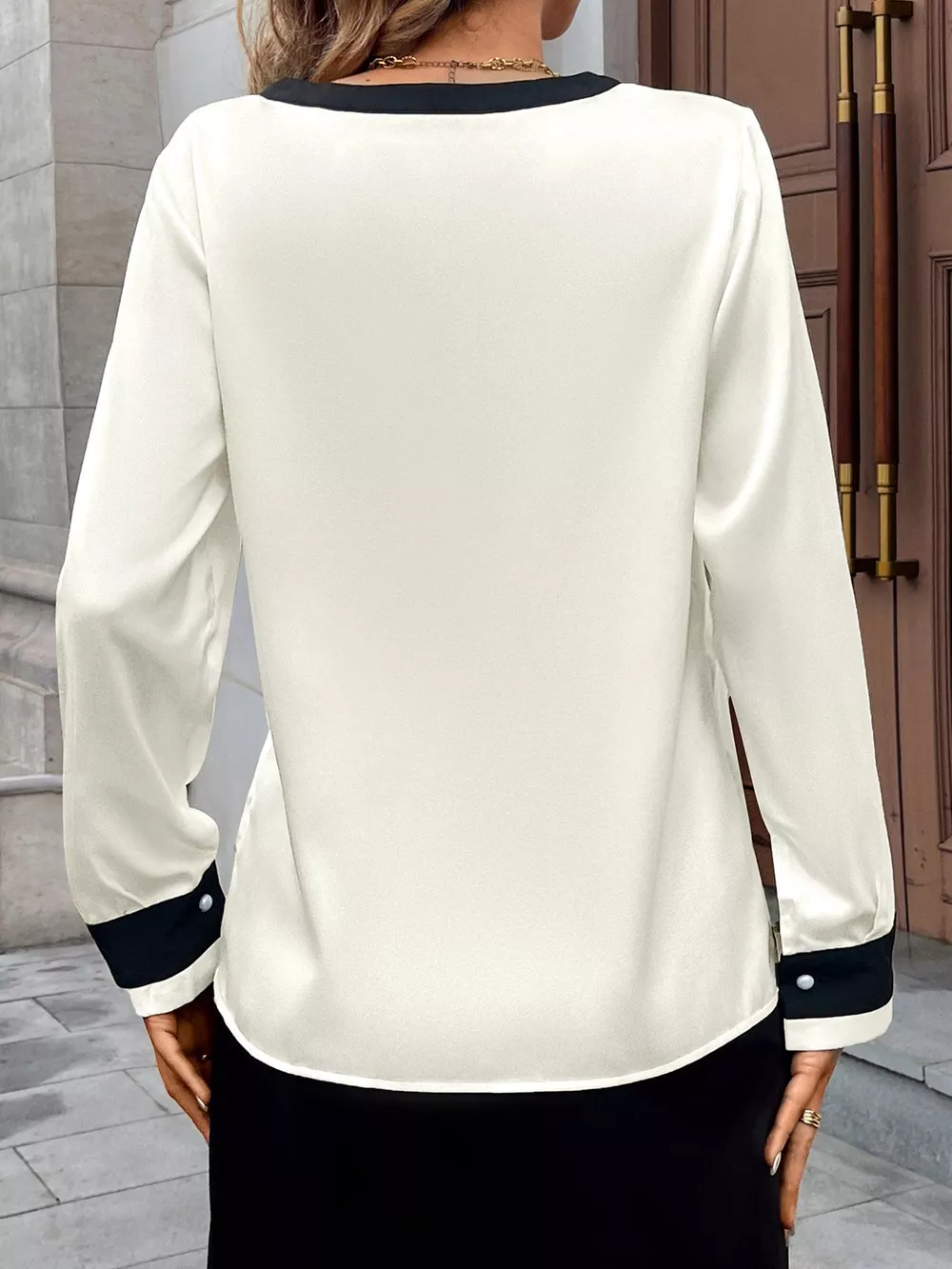Contrast Trim V-Neck Blouse, image 4